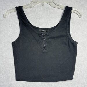 Forever 21 Tank Top Womens Medium Black Henley Ribbed Cropped Knit Sleeveless